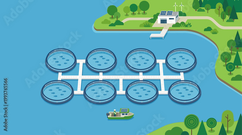 A clean Flat Design illustration of a sustainable aquaculture farm, depicting eco-friendly fish pens in harmony with the natural environment. 