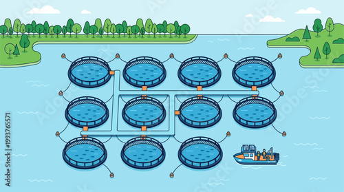 A clean Flat Design illustration of a sustainable aquaculture farm, depicting eco-friendly fish pens in harmony with the natural environment. 