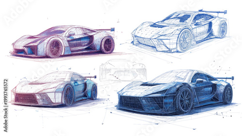 Four stylized automotive sketches. Rendered in various colors, with shading and lines