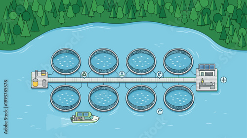 A clean Flat Design illustration of a sustainable aquaculture farm, depicting eco-friendly fish pens in harmony with the natural environment. 