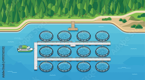 A clean Flat Design illustration of a sustainable aquaculture farm, depicting eco-friendly fish pens in harmony with the natural environment. 