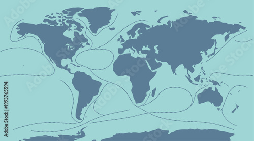 An informative Flat Design illustration of global whale migration routes across the world's oceans. 