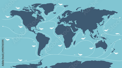 An informative Flat Design illustration of global whale migration routes across the world's oceans. 