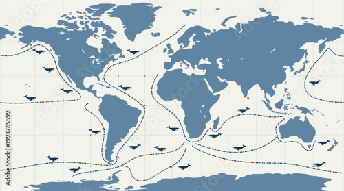 An informative Flat Design illustration of global whale migration routes across the world's oceans. 
