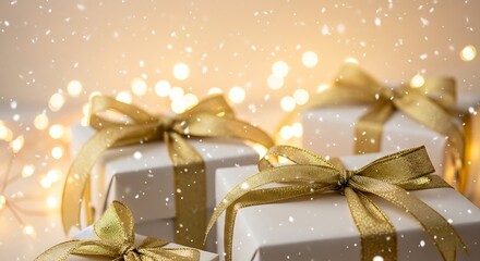 White gift boxes with gold ribbons and bows on beige background with snowflakes and fairy lights