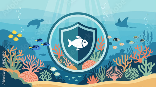 A conceptual Flat Design illustration representing a marine protected area (MPA), featuring a symbolic shield over a healthy, thriving underwater ecosystem. 