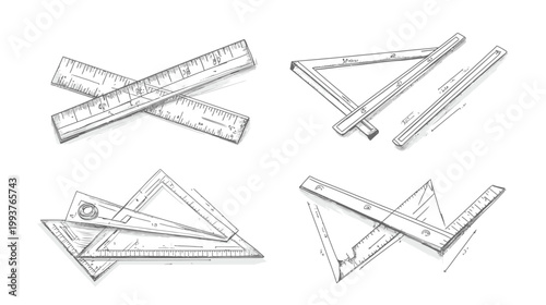 Black and white illustration of various geometric measuring tools including rulers and triangles