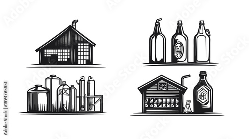 Collection of stylized illustrations depicting brewing processes and components, in a monochrome aesthetic