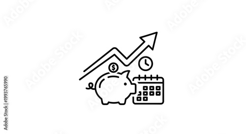 Piggy bank with arrow and calendar representing financial growth