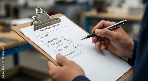 Hand holding clipboard with daily routine checklist and pen