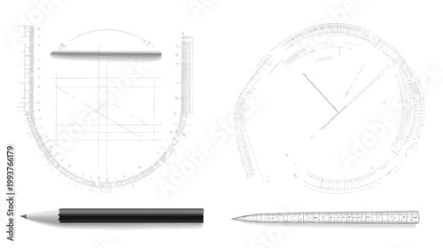 Architectural blueprint elements are placed on white background.  Tools include a pencil and a ruler