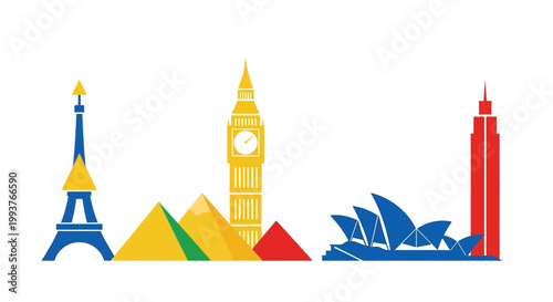Iconic global landmarks in vibrant colors against a white background