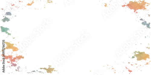 Colorful abstract watercolor background with ink splatter frame grunge texture and leafy decorative border