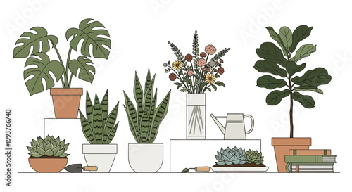 Illustrated plants and flowers in pots white background copy space design