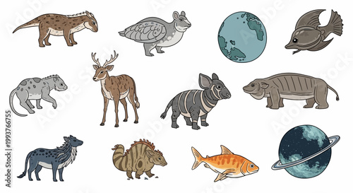 Illustrated prehistoric animal and planet set for educational or design purposes