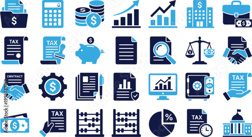 Collection of flat blue finance and business icons isolated on white background.