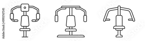 Set of fitness gym machines icons outline vector illustration on transparent background