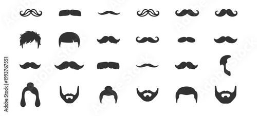 black male hairstyle and mustache icon set vector illustration on transparent background