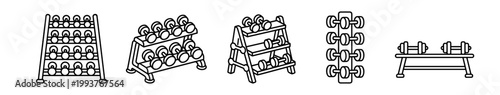 dumbbell racks and dumbbells line art icons set gym fitness equipment on transparent background