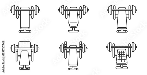 set of six barbell and bench press training equipment line icons on transparent background