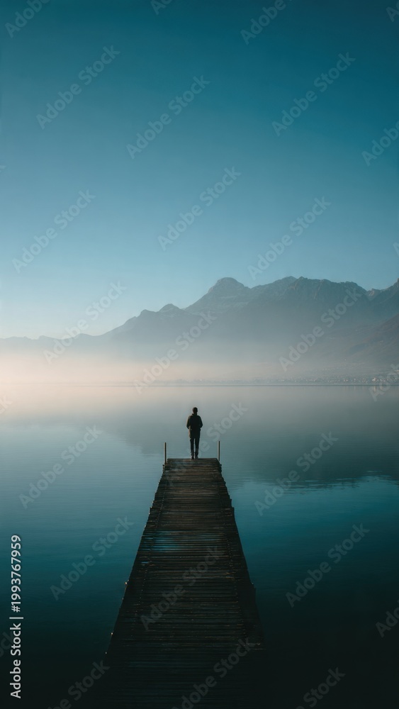 Fototapeta premium Solitary Figure Standing on Dock Over Calm Lake