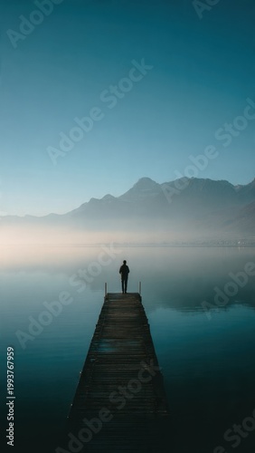 Solitary Figure Standing on Dock Over Calm Lake