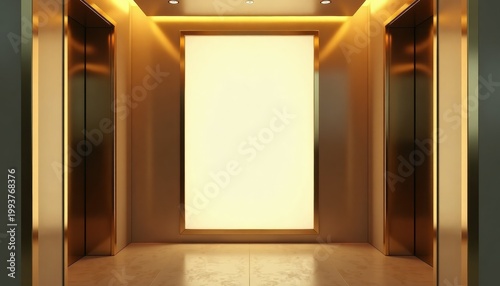 Modern elevator lobby with illuminated blank advertisement panel and copy space