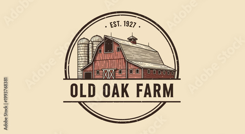 Vintage farm logo with red barn.
