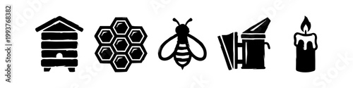 Beekeeping and Honey Production Icon Set featuring Black Silhouette Illustrations of Beehive Honeycomb Honey Bee Bee Smoker and Beeswax Candle