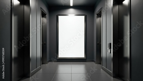 Modern elevator lobby with blank poster frame and copy space