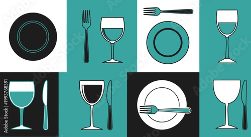 Dinner Setting Icons: Plate, Fork, Knife, Wine Glass - Minimalist Design