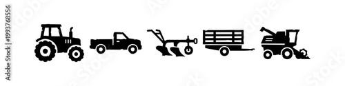 Collection of Black Silhouette Farm Machinery Icons Including Tractor Pickup Truck Plow Trailer and Combine Harvester Isolated on White Background for Agricultural Design Elements