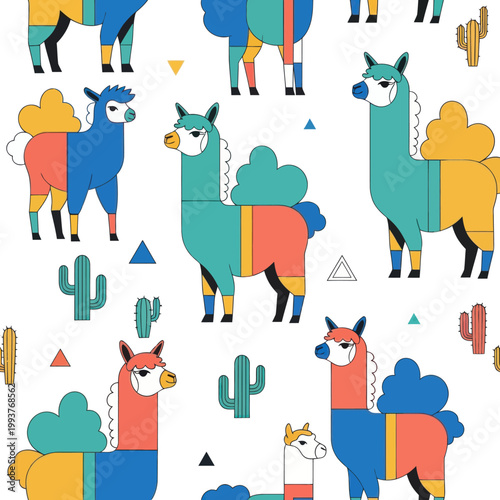 Colorful Geometric Llama Alpaca Cactus Pattern - Cute Abstract Animal Illustration