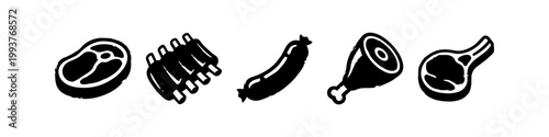 Set of Hand Drawn Meat Icons Featuring Steak, Ribs, Sausage, Chicken Leg, and Meat Chop. Black and White Butchery Illustrations Ideal for BBQ Menus, Restaurant Branding, and Food Packaging.