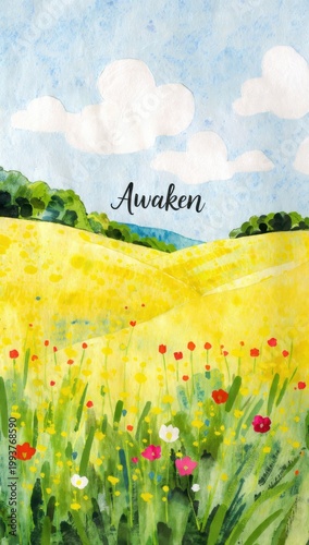 Sunlit Meadow with Wildflowers and Blue Sky