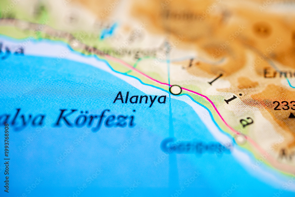 Obraz premium Macro map detail of Alanya coastline for travel planning and navigation concept.