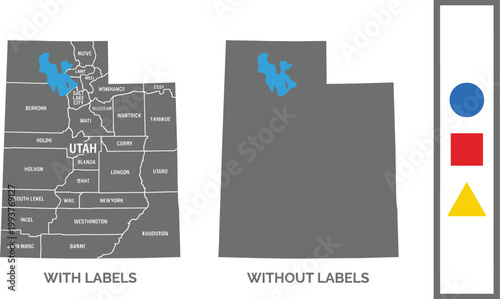 Utah map illustration compares detailed labels against an unlabeled version with geometric shape icons.