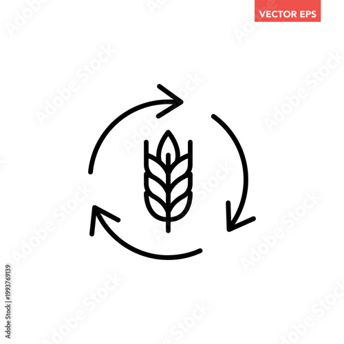Black single agricultural sustainable farming line icon. Simple crops regeneration flat design vector pictogram, infographic interface elements for app logo web button ui ux isolated on white backgrou
