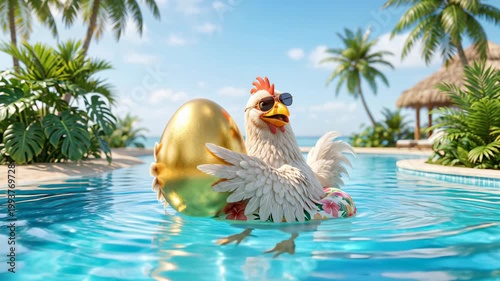 Playful scene of a chicken relaxing in a swimming pool next to a golden egg. Humorous luxury lifestyle concept symbolizing success, wealth and celebration.