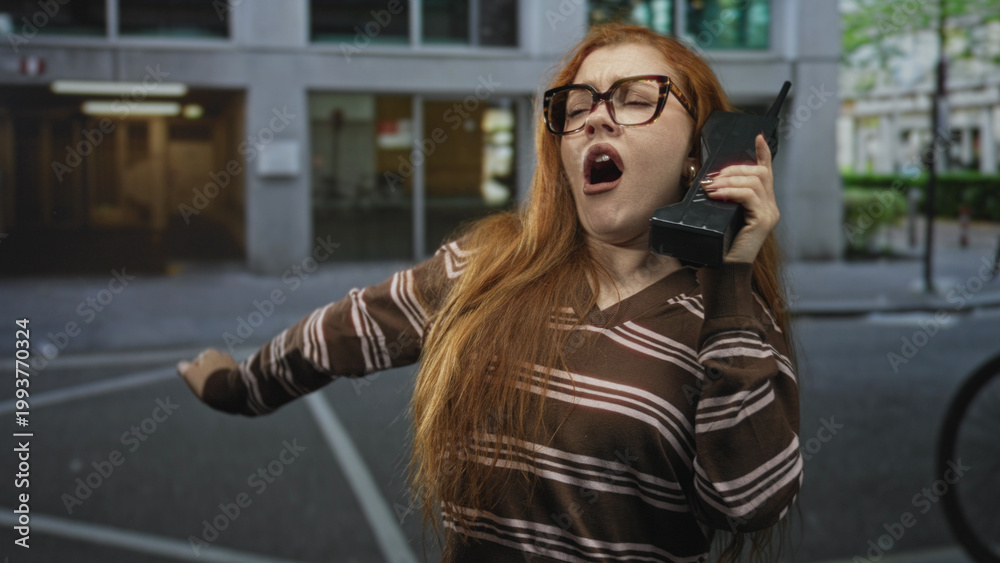 Fototapeta premium Young redhead woman singing into a retro cellphone on a city street, arm outstretched and mouth open, wearing brown striped sweater; playful nostalgia.
