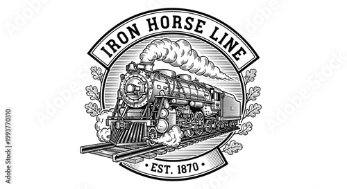 Vintage steam train logo with iron horse line text.