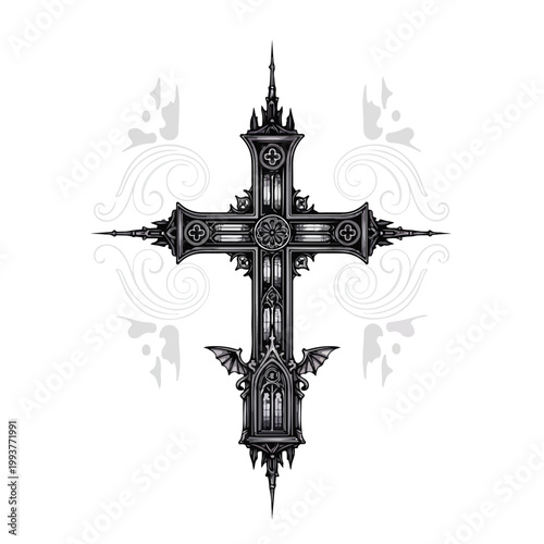 Intricate gothic cross tattoo design with ornate architectural details and subtle angelic wings, symbolizing faith and eternal life