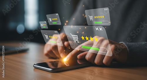 Person using a smartphone to interact with floating digital shopping cart and five star rating representing online customer feedback and e-commerce