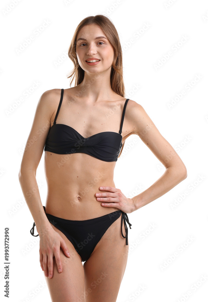 Fototapeta premium Beautiful woman wearing stylish swimsuit on white background