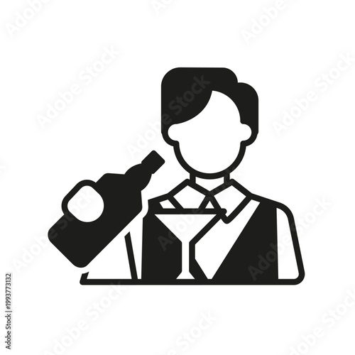 Bartender serving cocktail icon. Simple black barman silhouette icon with bottle and martini glass for bar and nightlife design. Vector illustration.