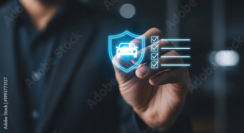 Business person in a suit interacting with a glowing digital interface showing a car inside a shield and a checklist, representing vehicle insurance coverage