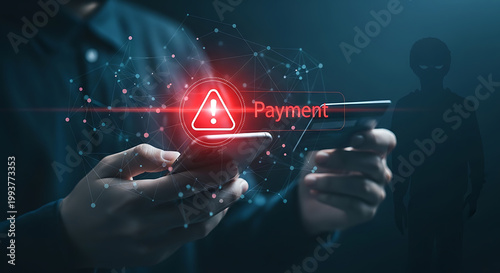 Person holding a smartphone and credit card while a red warning triangle appears, indicating a failed payment or security threat from a dark silhouette