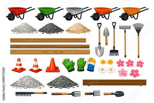 Various gardening tools and materials displayed in a flat layout for landscaping projects and yard work