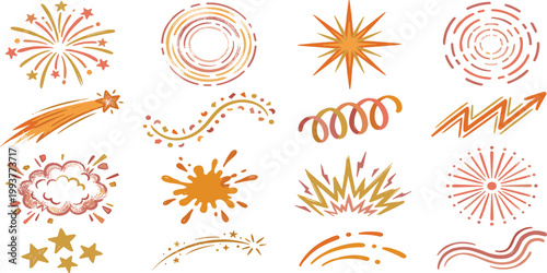 A vibrant collection of graphic elements, featuring explosive bursts, shimmering sparks, shooting stars, and abstract celebratory designs in warm orange and yellow tones