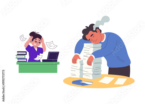 Social media day, Stressed office employees with heavy workload, exhausted business people overwhelmed by paperwork, burnout and mental fatigue at work vector